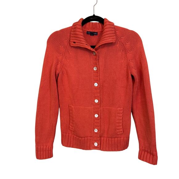 Lands End Sweater Cardigan Women XS Orange Knit Thick Raglan Button Up Mock Neck - Picture 1 of 7